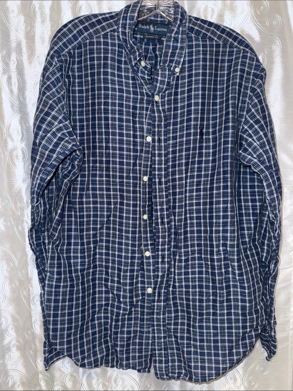 Ralph Lauren Blue and White Plaid Button-Down Shirt Men’s Size Large 🔥 G11